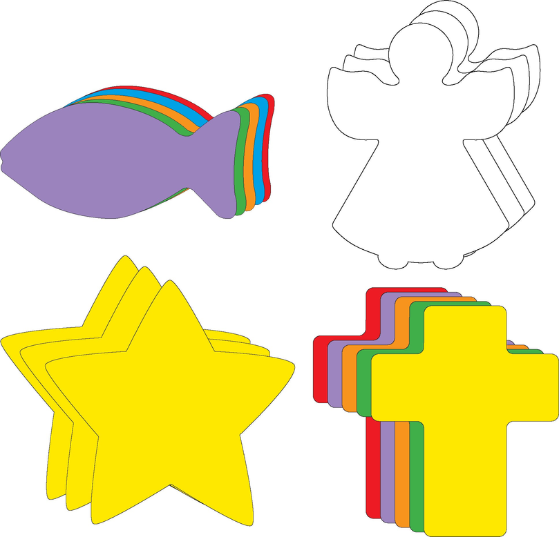Colorful cut-out shapes: purple rainbow-striped egg, white outline, yellow star, layered folder shapes