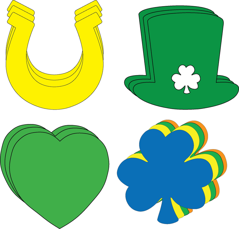 Colorful cut-out set pieces: yellow U-shape, green top hat, green hearts, blue clover