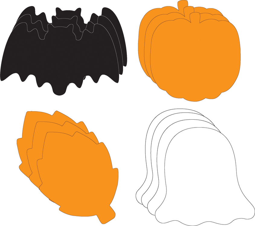 Halloween cut-out shapes: black bats, orange jack-o'-lantern, orange head, white bell outline