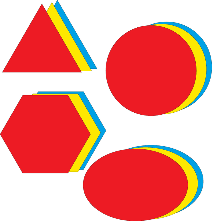 Colorful geometric cut-outs: red triangle, hexagon, and circles with blue rainbow borders