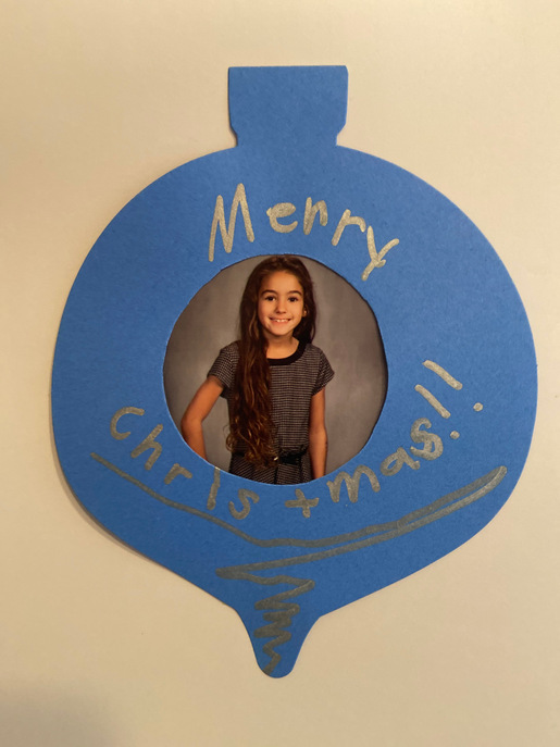 Blue Christmas ornament cut-out with arched top, Merry Christmas text, and child photo