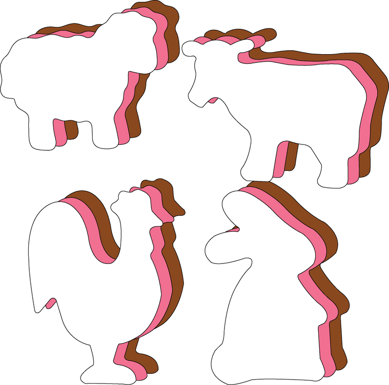 Animal cut-out set of four figures with brown heads and pink-striped bodies