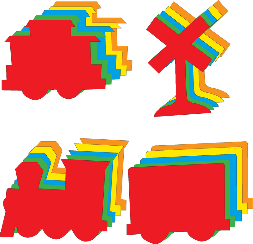 Rainbow-trim vehicle cut-out shapes: red bus and track-style train silhouettes