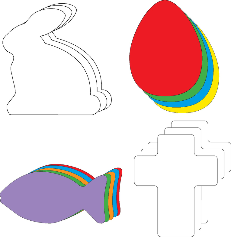 Colorful layered cut-out shapes: tulip, leaf, and cross sets, and bunny outline