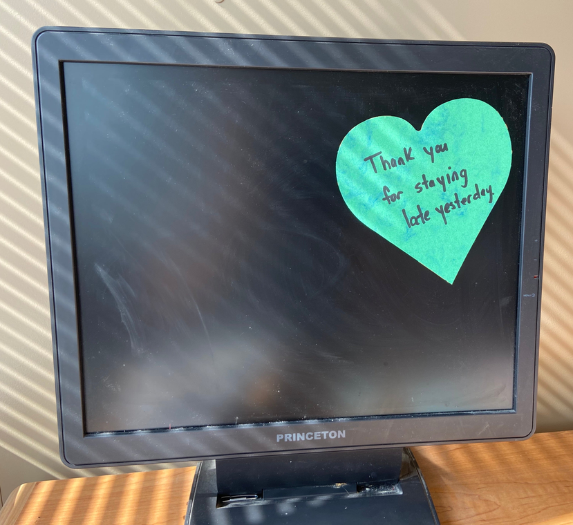 Princeton monitor displaying a green heart with thank-you message