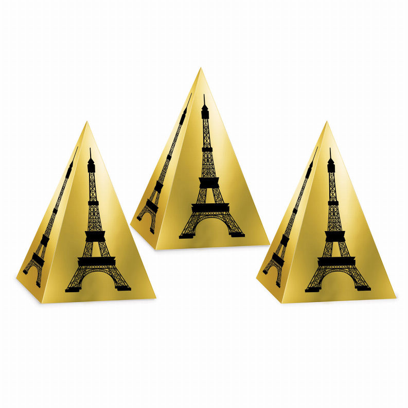 Triangular yellow Eiffel Tower favor boxes with black illustration, open top handles