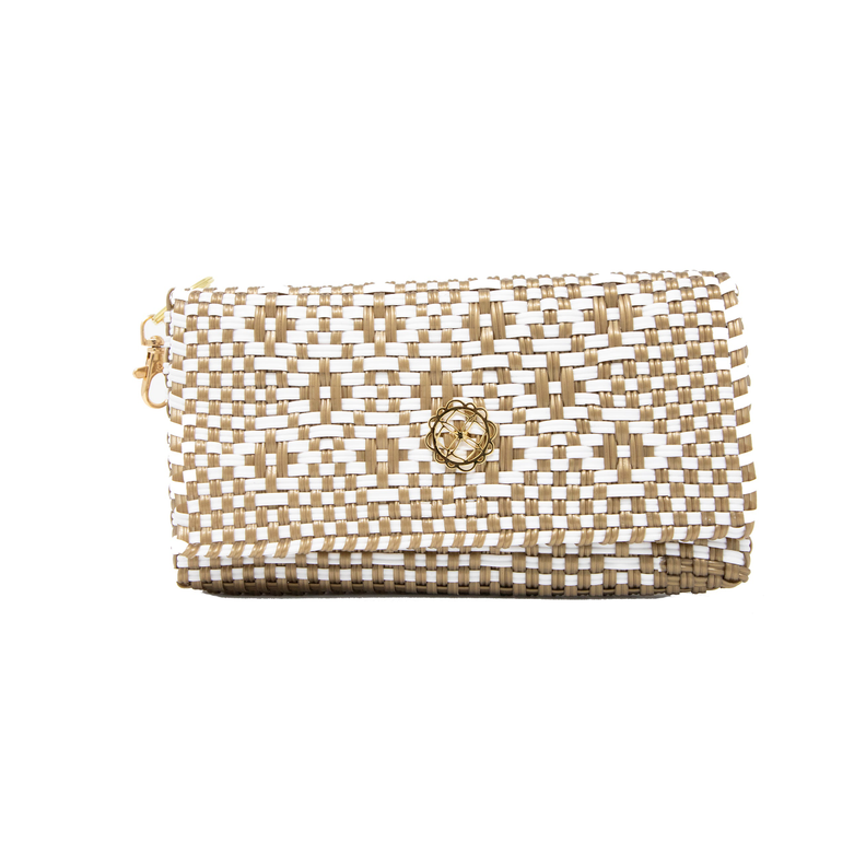Woven checkered clutch bag in cream and brown with gold zipper pull