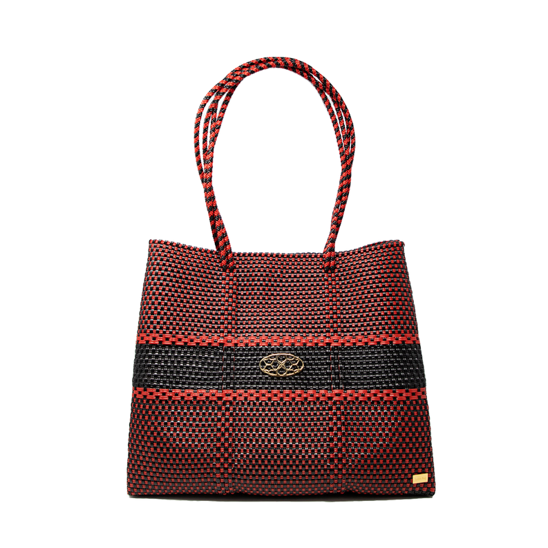 Woven red travel tote with black stripe and oval gold logo