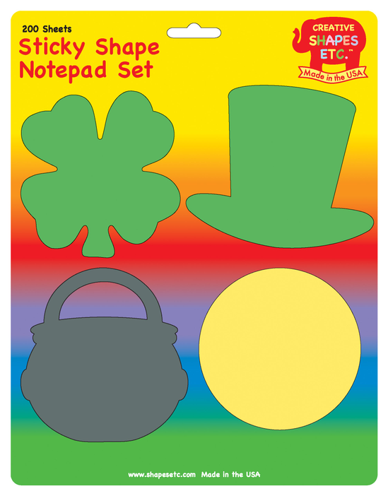 Sticky shape notepad set package with green hat, clover, yellow circle and boot sticky shapes