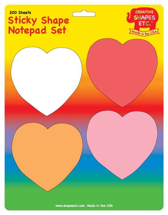 Sticky shape notepad set with heart-shaped sticky notes in red, orange, and pink