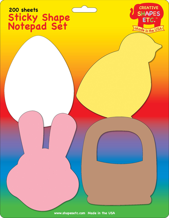 Sticky shape notepad set package with white egg, yellow chick, pink bunny and brown pouch shapes