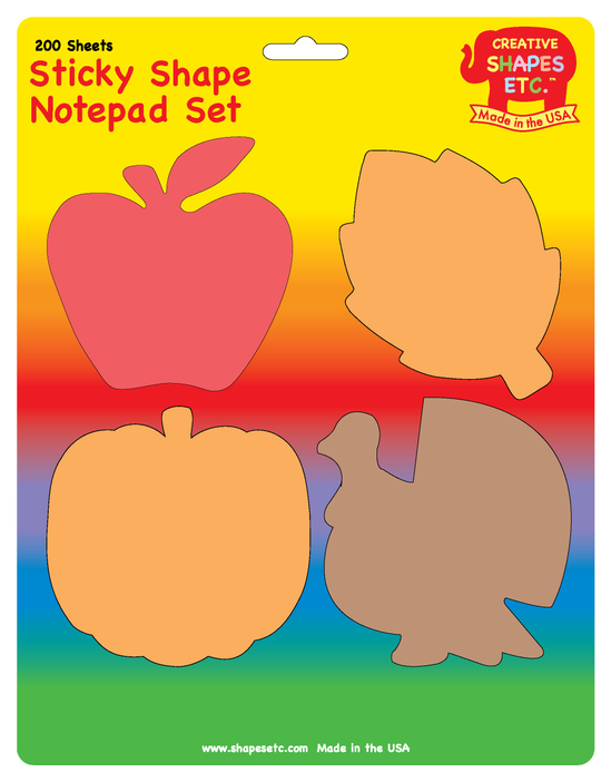 Sticky shape notepad set package with red apple, orange pumpkin, pink blob and brown hedgehog shapes