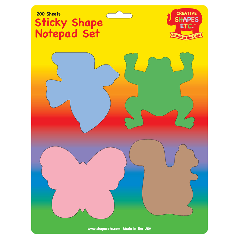 Sticky shape notepad set package with blue, green, pink and brown sticky shapes