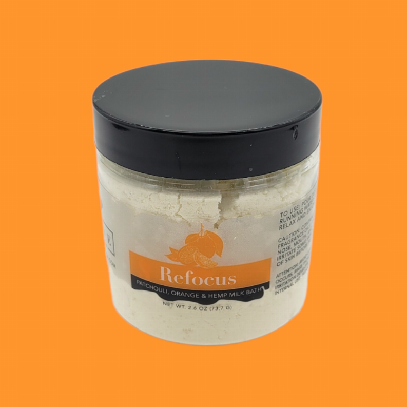 Small milk bath jar with black lid and white bath powder, Refocus scent