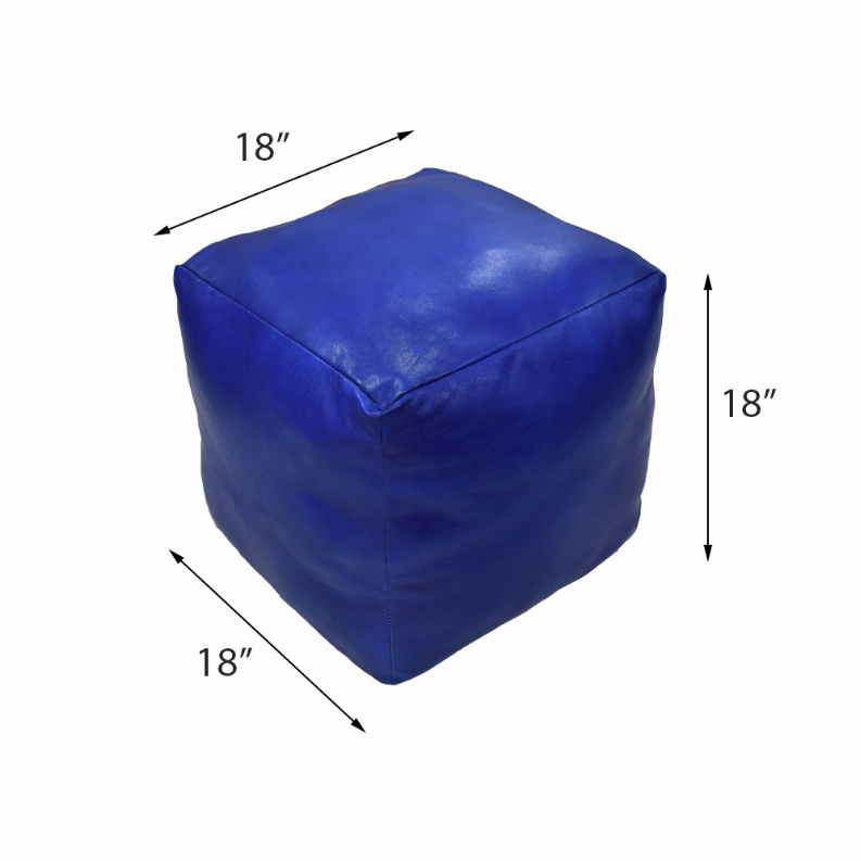 Square blue leather pouf with centered top seam and visible side stitching.