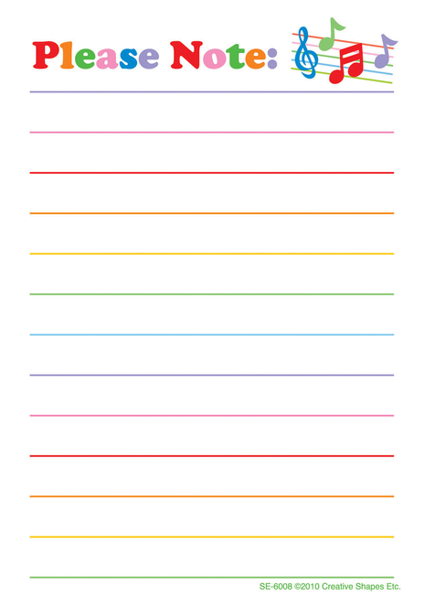 Notes pad with “Please Note” title and multicolor ruled lines