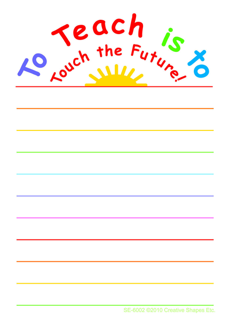 Notes pad with “Teach is to Touch the Future” title and multicolor ruled lines