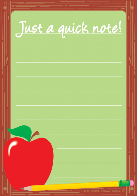 Green framed notes page with “Just a quick note!” text and red apple corner