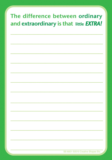 Green notes pad with quote about “ordinary” vs “extraordinary” and lined writing space
