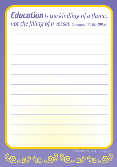 Blue framed notes page with quote “Education is the kindling of a flame” and ruled lines