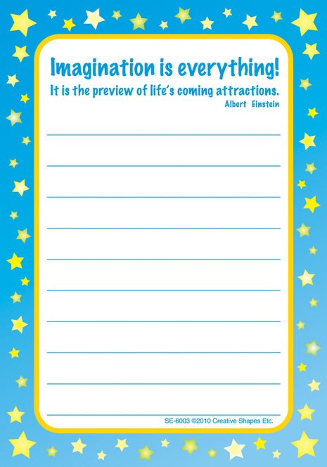 Blue starry notes page with quote “Imagination is everything!” and lined writing area