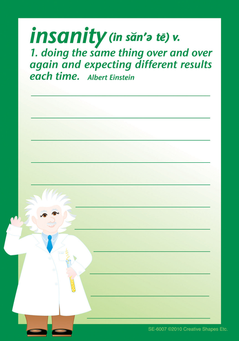 Green notes page with “Insanity” definition, small author text, and lined writing space
