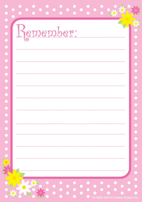 Pink polka dot notes page with “Remember” title, lined writing box, and flowers