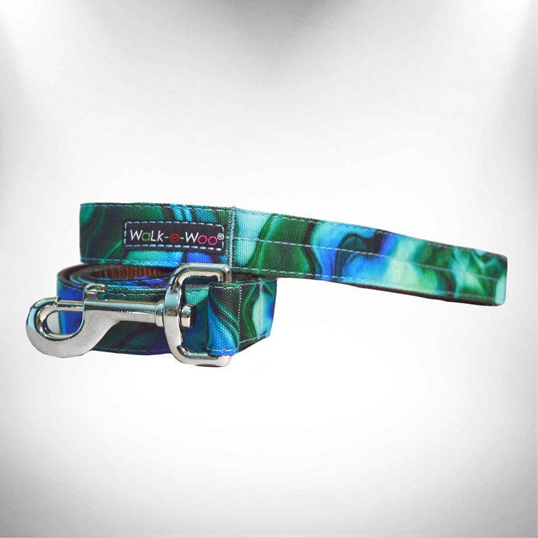 Green and blue patterned dog leash with metal clasp and D-ring