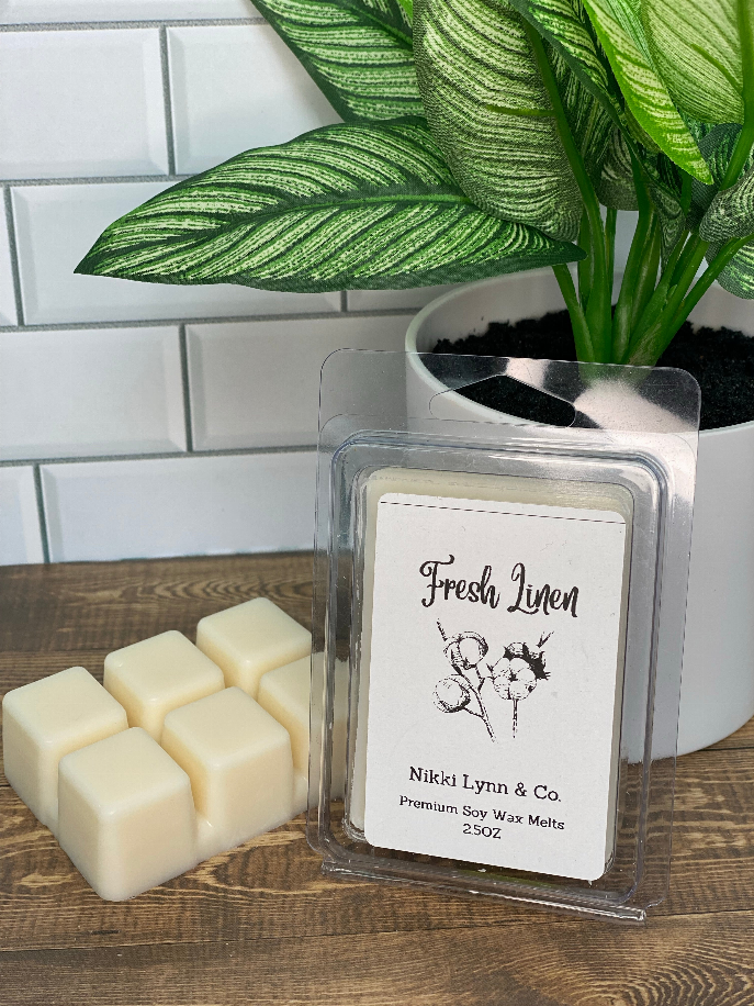 Fresh Linen wax melt cubes with Nikki Lynn & Co clamshell label