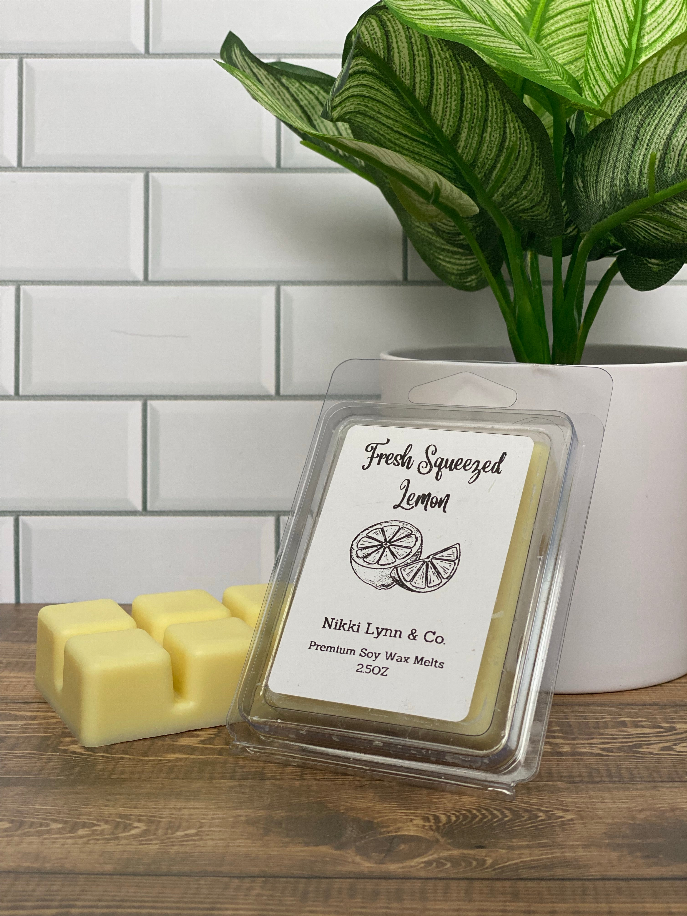 Fresh Squeezed Lemon wax melt cubes with Nikki Lynn & Co clamshell label