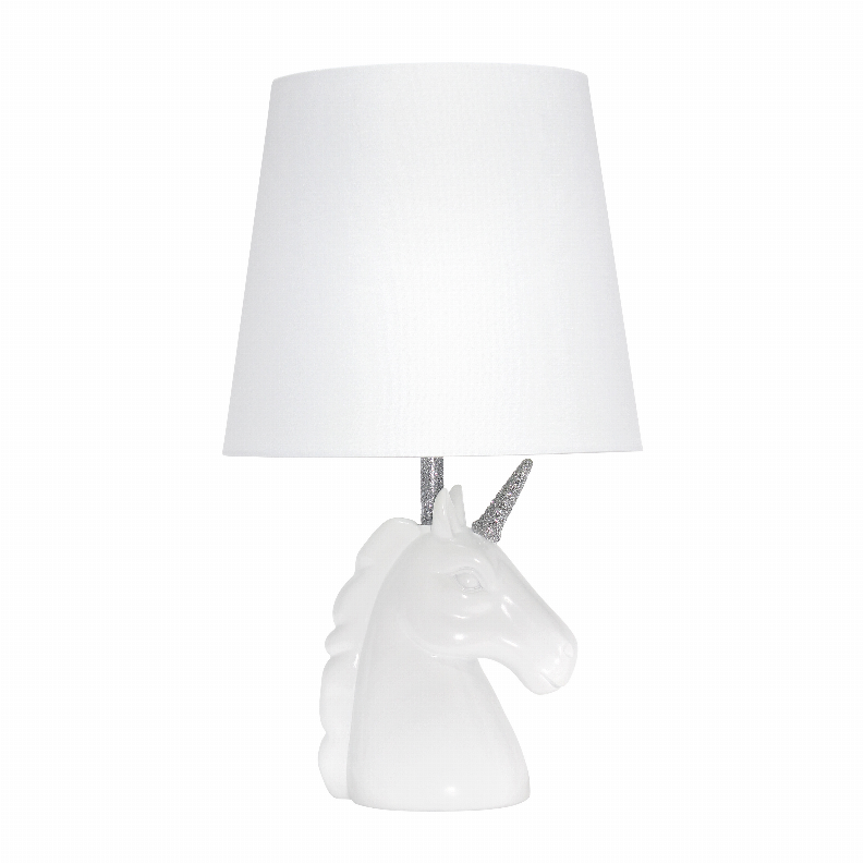 Unicorn table lamp with white shade and silver glitter horn on white base