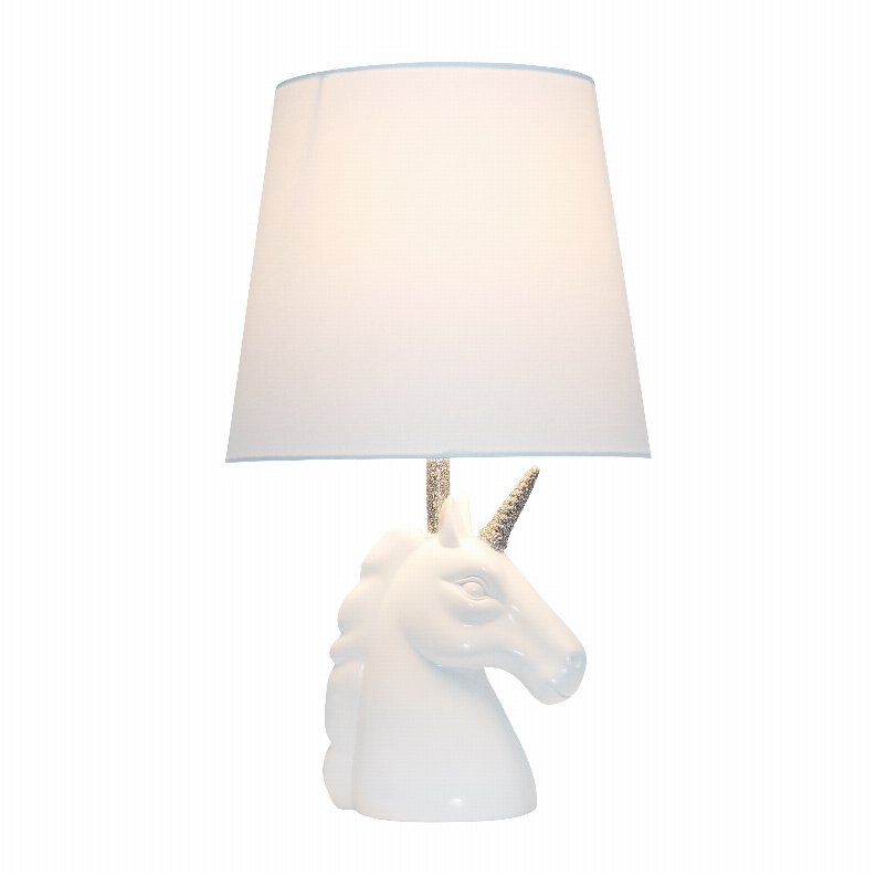 Unicorn table lamp with white shade and gold-toned glitter horn on white base