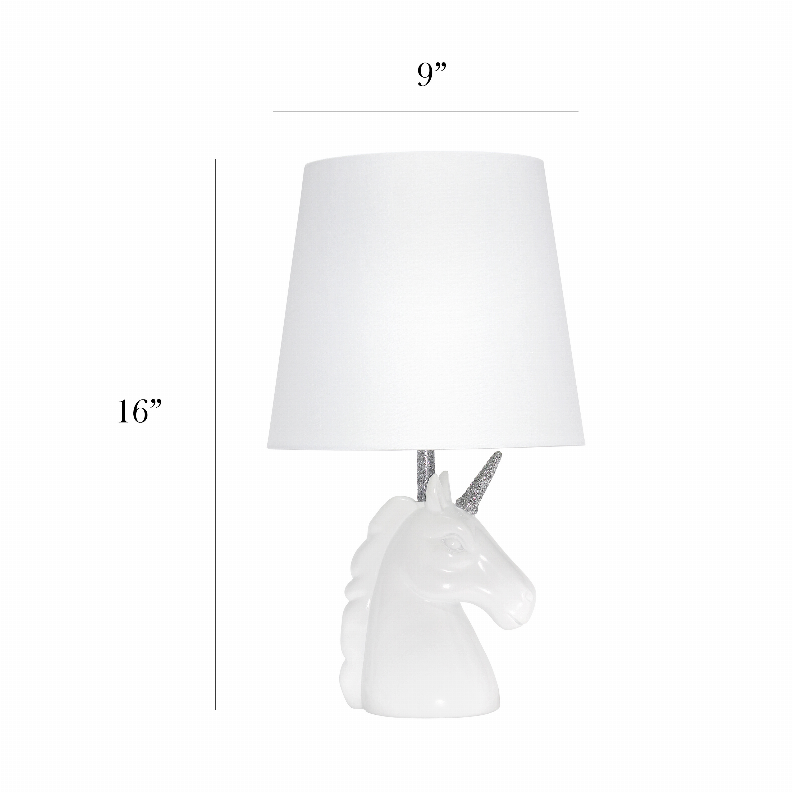 Unicorn table lamp with white shade and silver glitter horn; 16 in tall