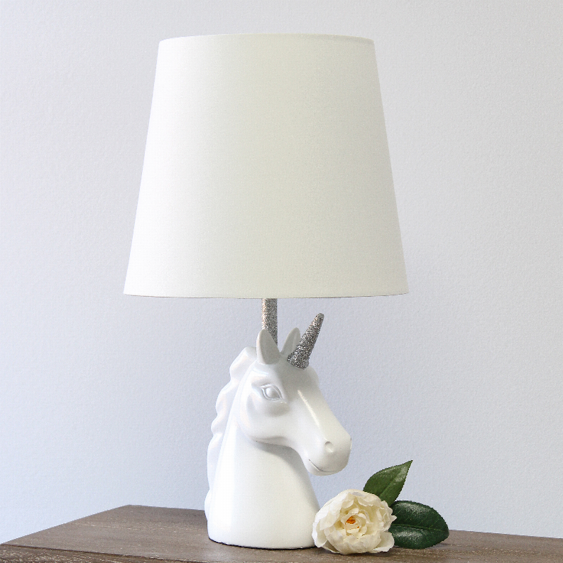 Unicorn table lamp with white shade and silver glitter horn, white ceramic base