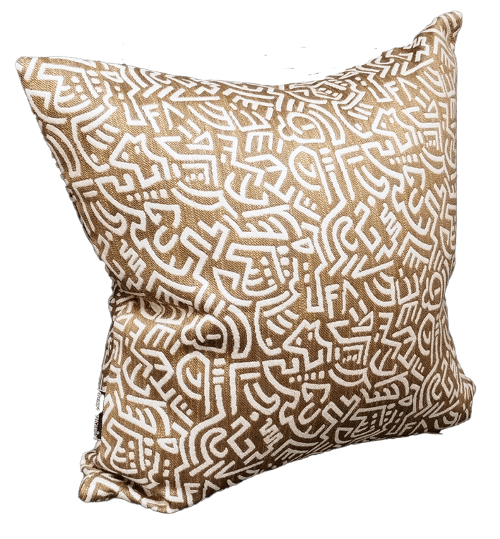 Pop Energy throw pillow, tan cover with white abstract line pattern