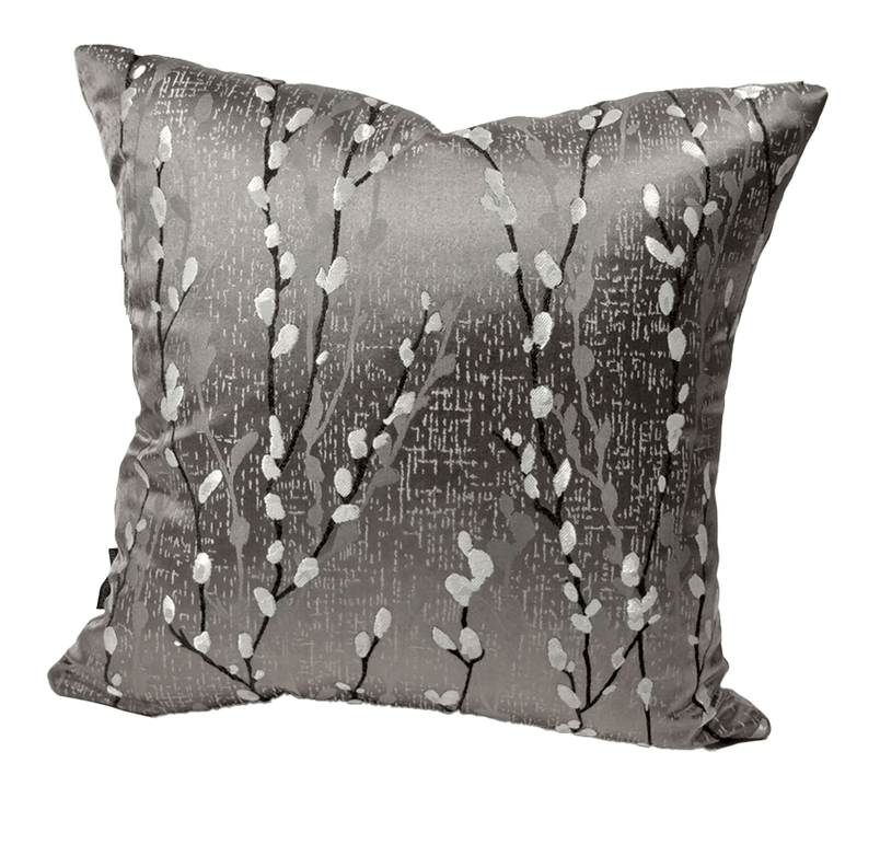 Gray throw pillow cover with white branch motif and textured speckle detail, front view.