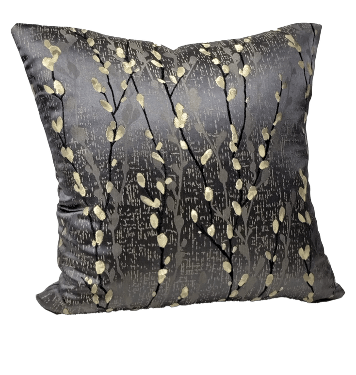 Dark gray throw pillow cover with gold branch and dot pattern, square stitched edges.