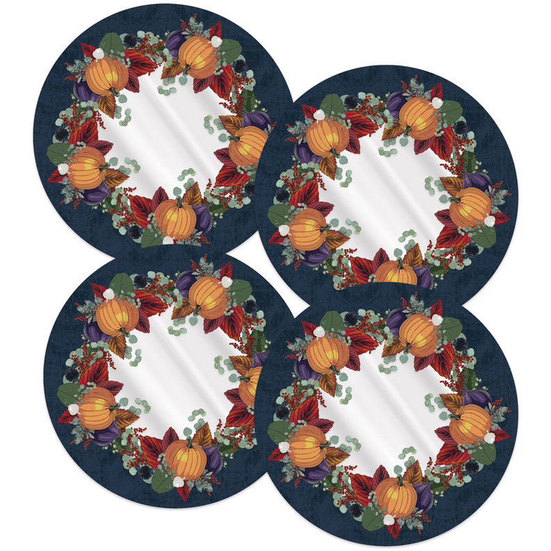 Round dark navy fall pumpkin wreath table decor placemats set of 4