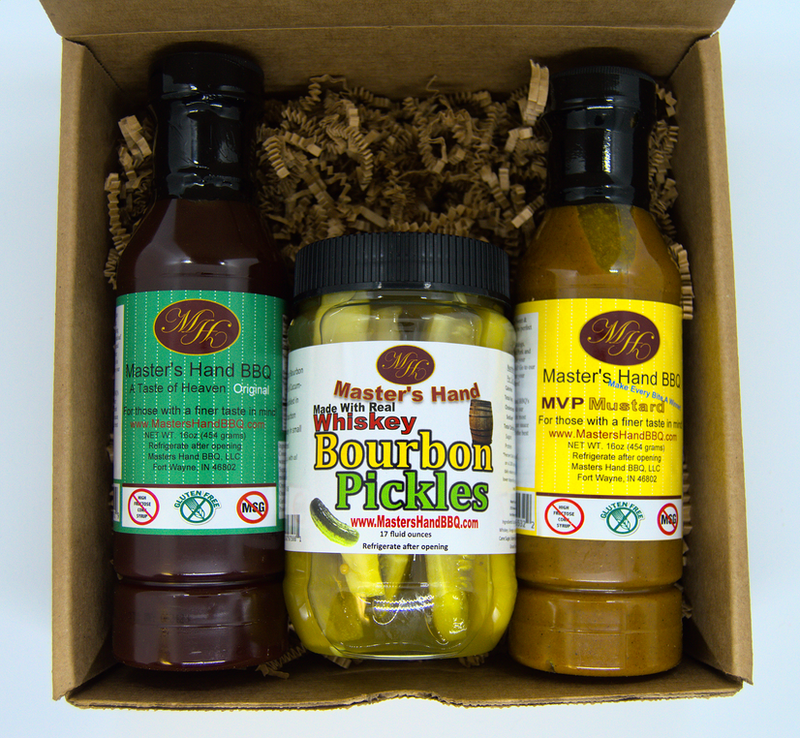 Kraft gift set box with two bottles and a center jar, Bourbon Pickles visible.