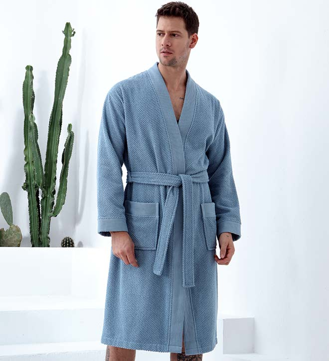 Turkish cotton terry kimono bathrobe, blue, with wrap tie and two front patch pockets