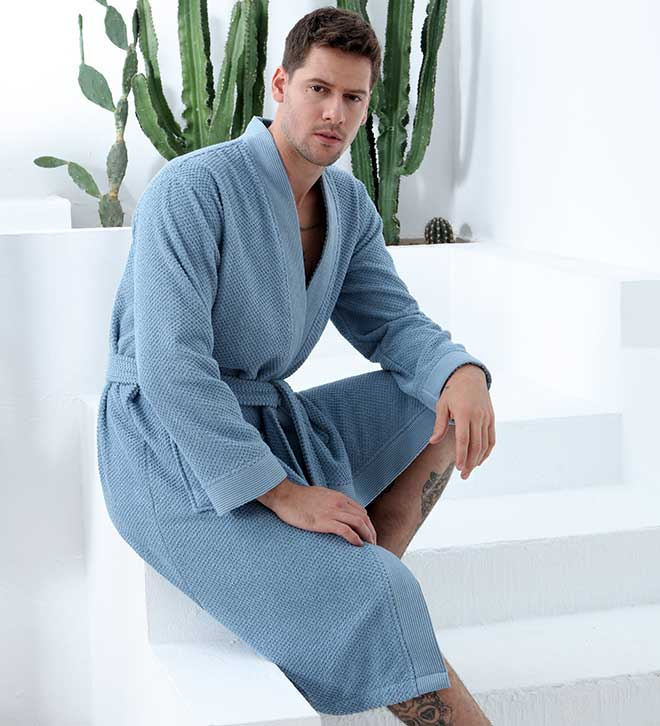 Turkish cotton terry kimono bathrobe, blue, kimono sleeves with belt tie and patch pockets