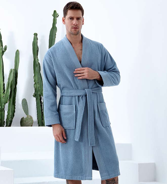 Turkish cotton terry kimono bathrobe, blue, front view with wrap belt tie and patch pocket