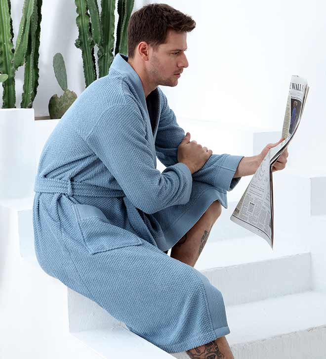Turkish cotton terry kimono bathrobe, blue, close side angle with belt tie and sleeves