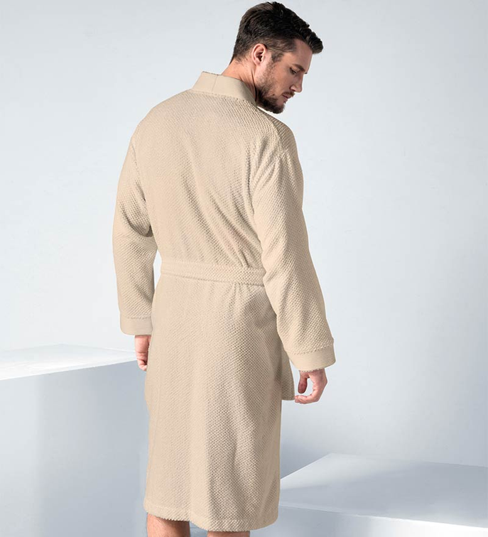 Cotton terry kimono bathrobe in beige, shawl collar and waist belt, front pocket