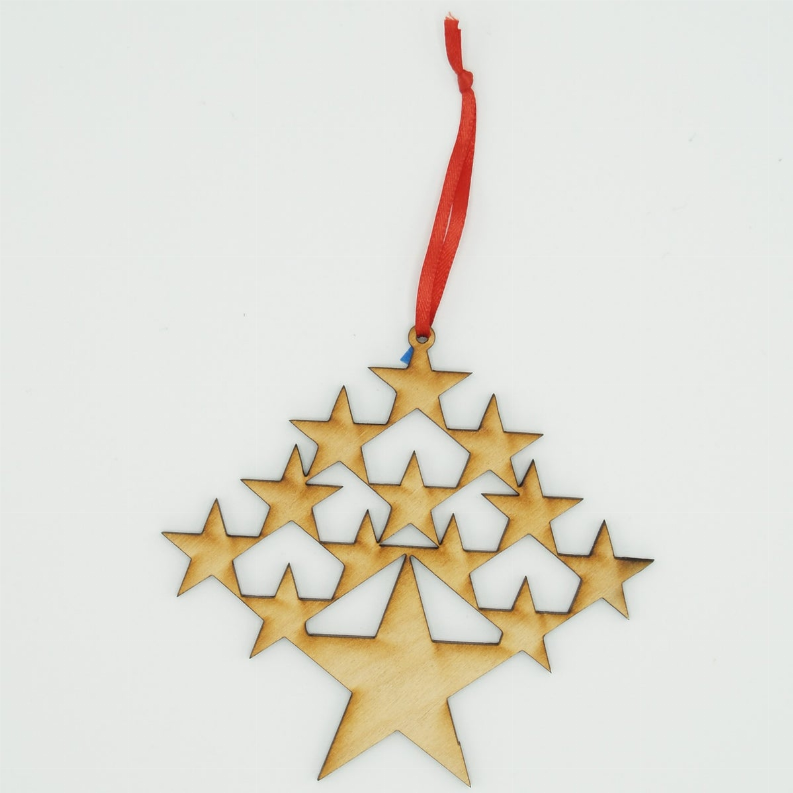 Gold star tree ornament with multiple stacked stars and a red hanging ribbon loop