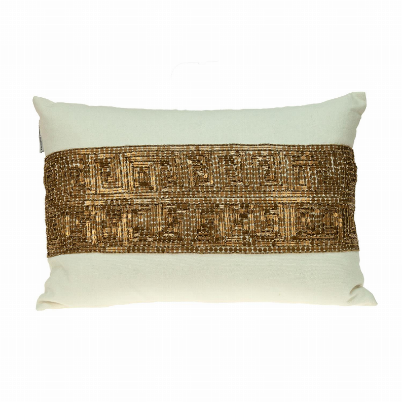 Lumbar throw pillow front with light sage cover and gold-brown stitched beadwork band