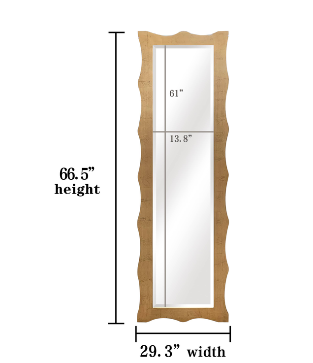 Full-length gold wavy leaf wood frame mirror, shown with height/width labels