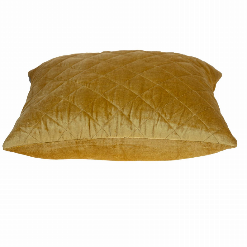 Yellow quilted throw pillow shown from the side, diamond stitching and folded edge