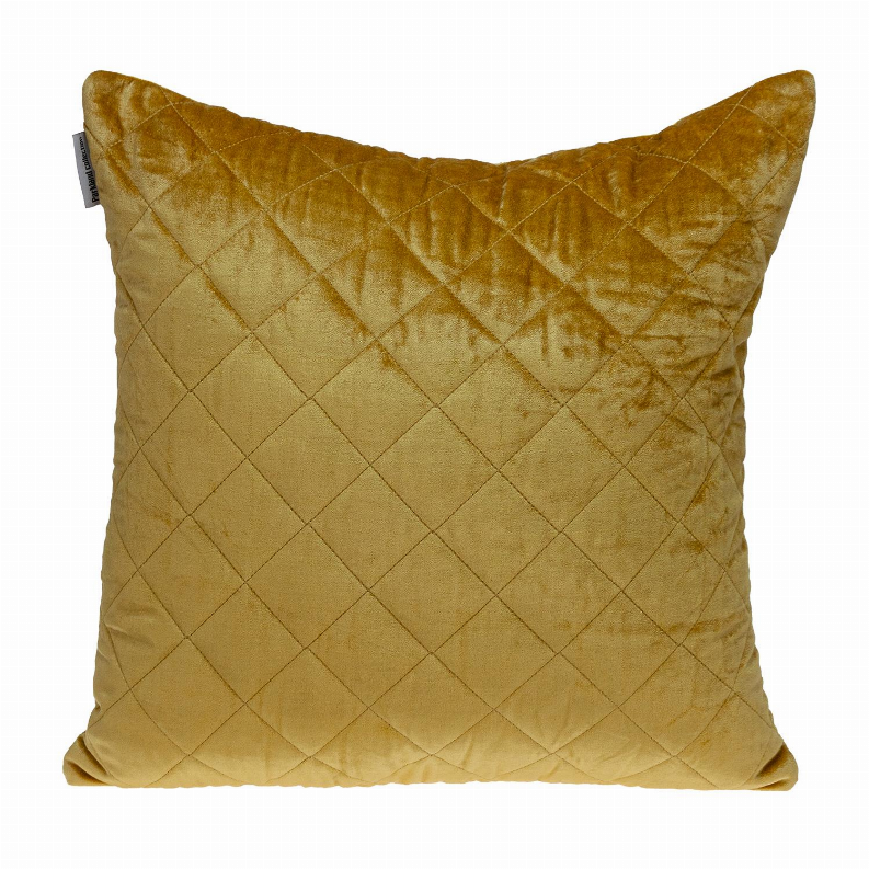 Yellow quilted throw pillow with diamond stitching, square shape, corner tag visible
