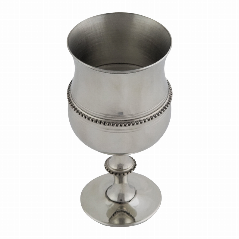 Pewter goblet with beaded band and flared base, polished metal finish